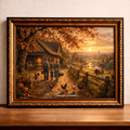 Autumn farm family in golden sunset