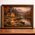 Cabin by the lakeside at sunset