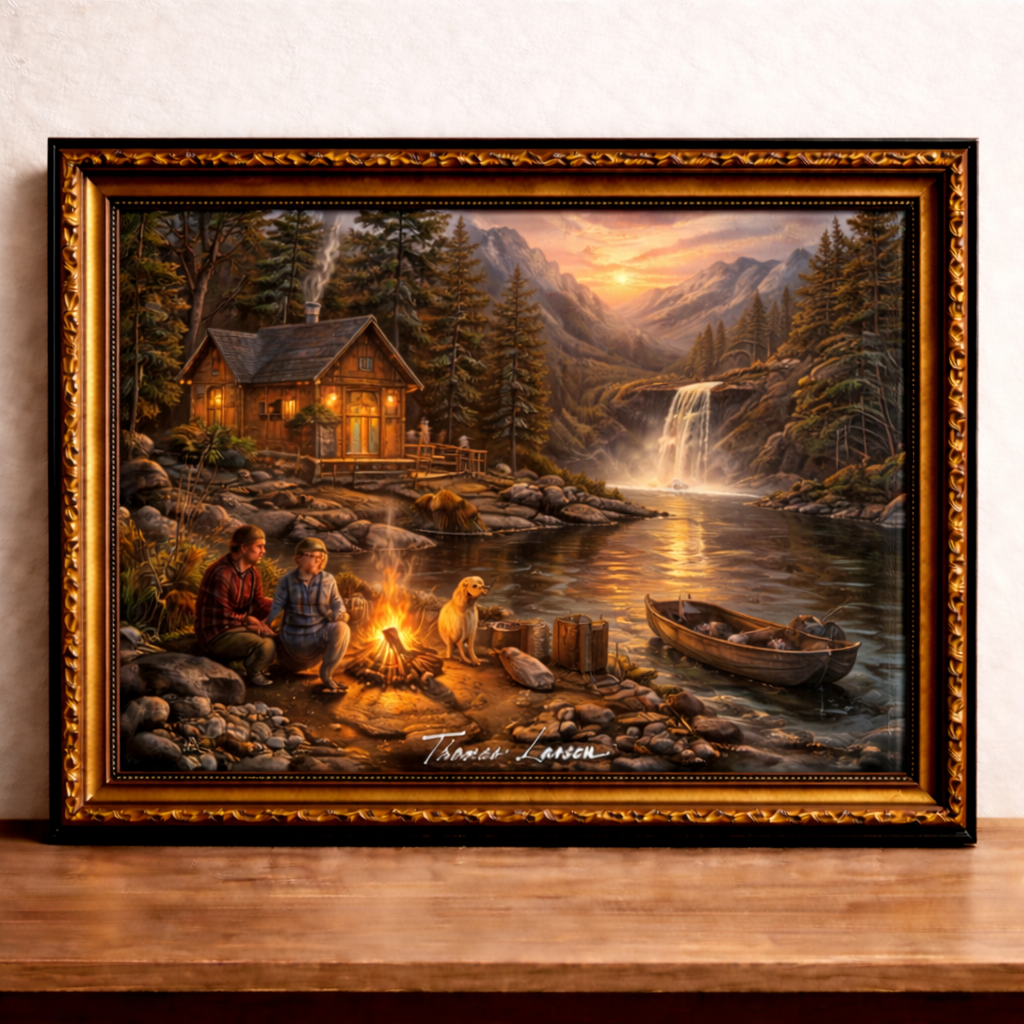 Cabin by the river at sunset