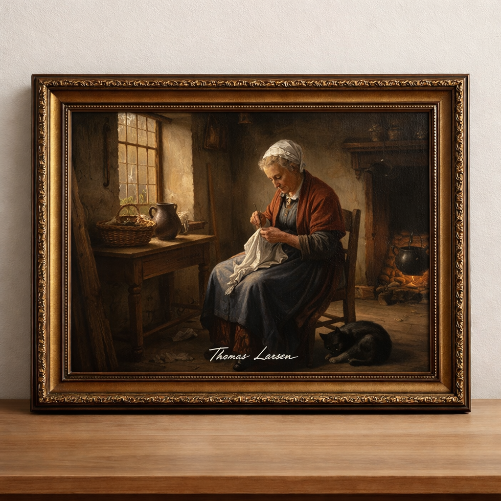 Elderly woman sewing in a rustic room