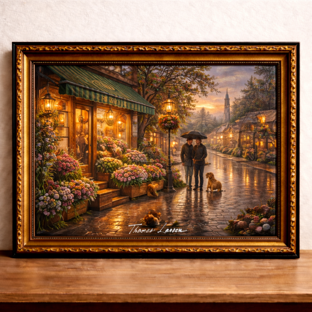 Flower shop glow on rainy evening