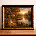 Lakeside cabin at autumn sunset