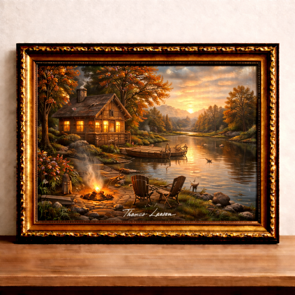 Lakeside cabin at autumn sunset
