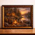 Log cabin at sunset by the lake
