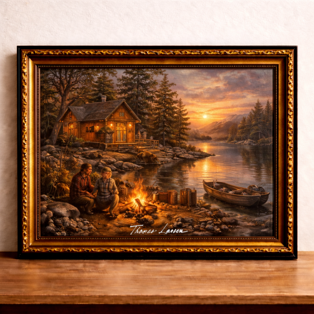 Log cabin at sunset by the lake