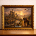 Medieval castle and knight at sunset