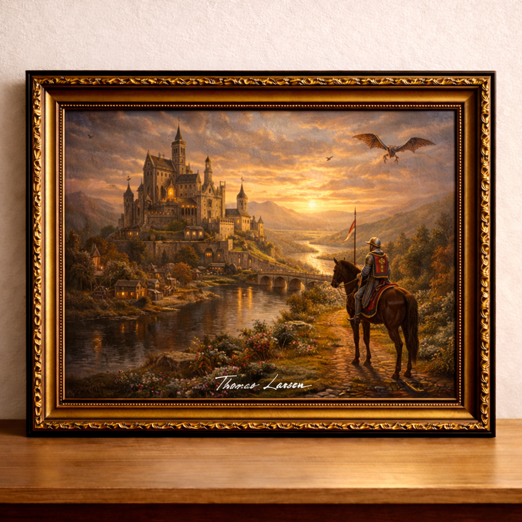 Medieval castle and knight at sunset
